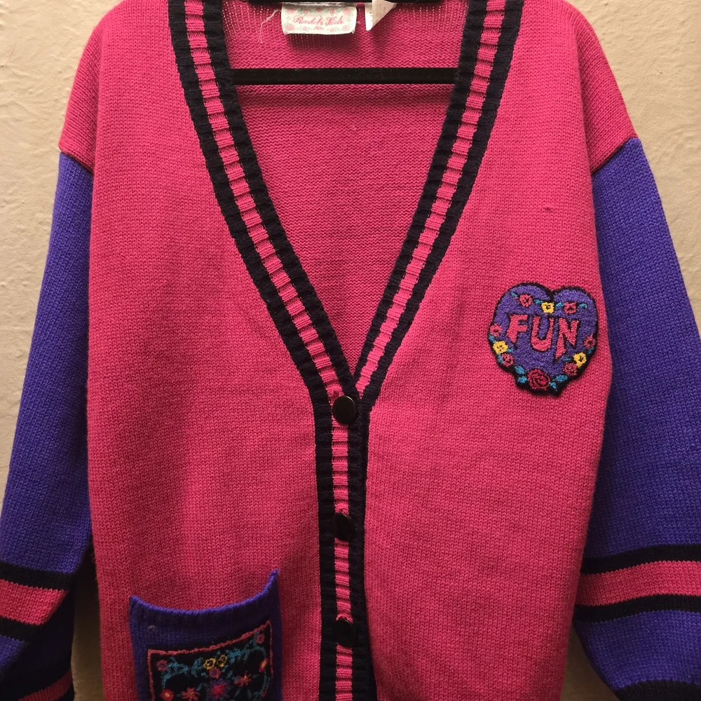 Vintage 80s Bright Pink Cardigan FUN Patch Rachel Kids - Picture 5 of 8